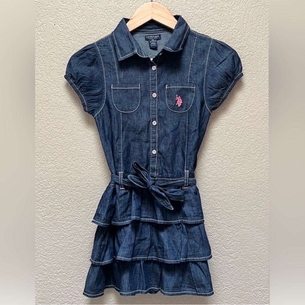 U.S. Polo Assn Little-Girls Denim Ruffled Belted Dress Size 10